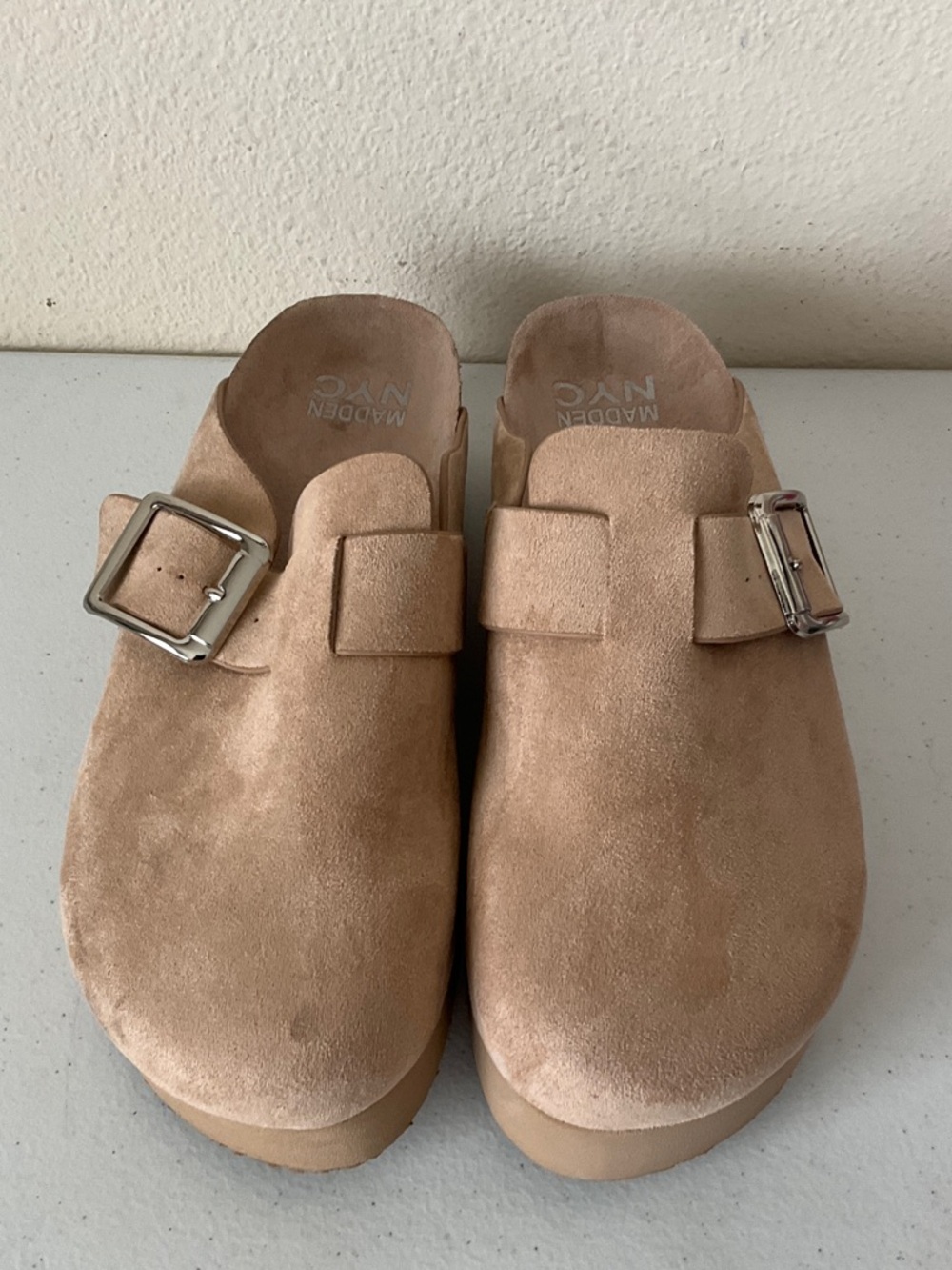Madden NYC Women's Taupe Suede Clog Mule with Buckle